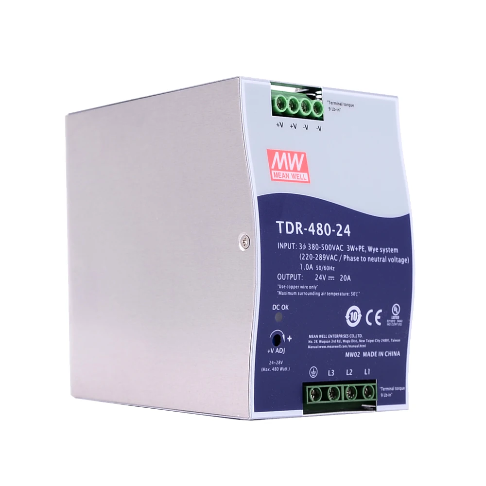 Original Mean Well TDR-240/480/960 Series Meanwell 24V/48Vdc Three Phase Industrial DIN Rail with PFC Function Power Supply