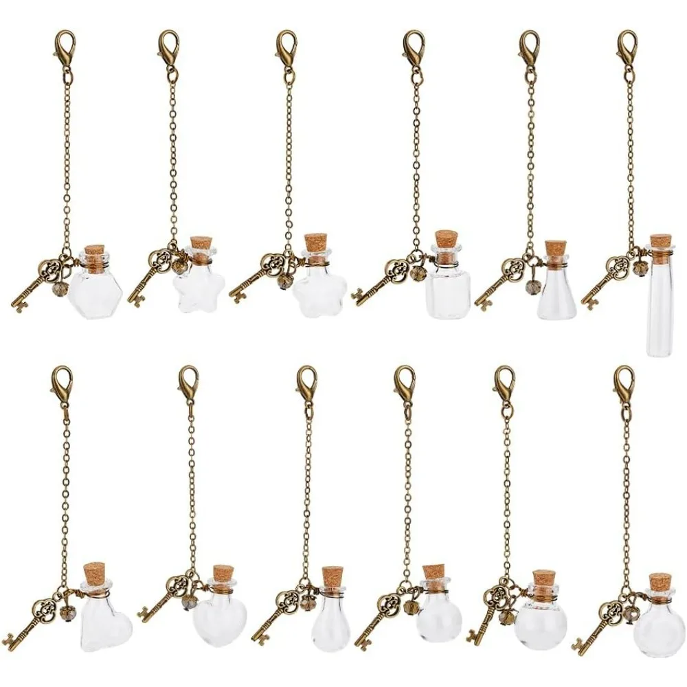 

12pcs 12 Styles Mini Glass Bottles Key Chain Pendants Small Clear Wishing Bottles Antique Bronze Keychian Pendants Lobster