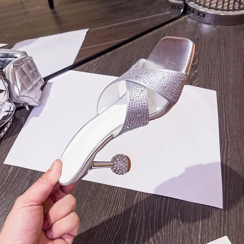 2024 Summer New Square Headed Crystal Heels Wearing High Heel Sandals and Slippers Crossed with Diamond Slippers for Women