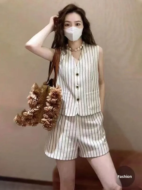 Estate 2025 Gilet e orts a righe Svel in cotone e lino dimagrante da donna Set abbigliamento casual Faionable e Sli