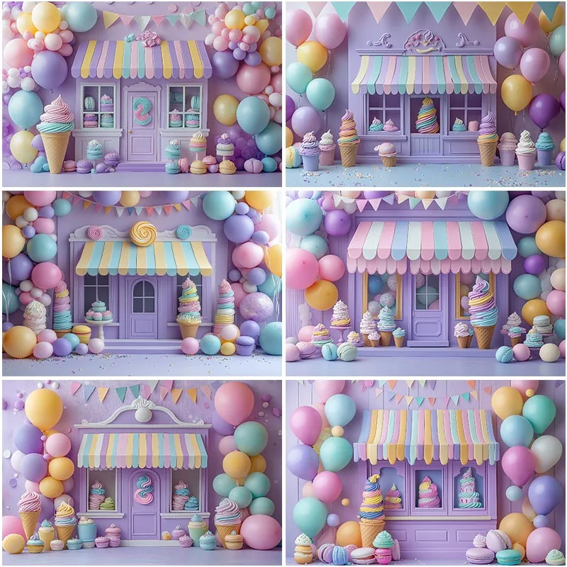 LS Ice Cream Parlor Shop Backdrop Sweet Candy Princess Girl Baby Birthday Photography Background Party Decoration Banner