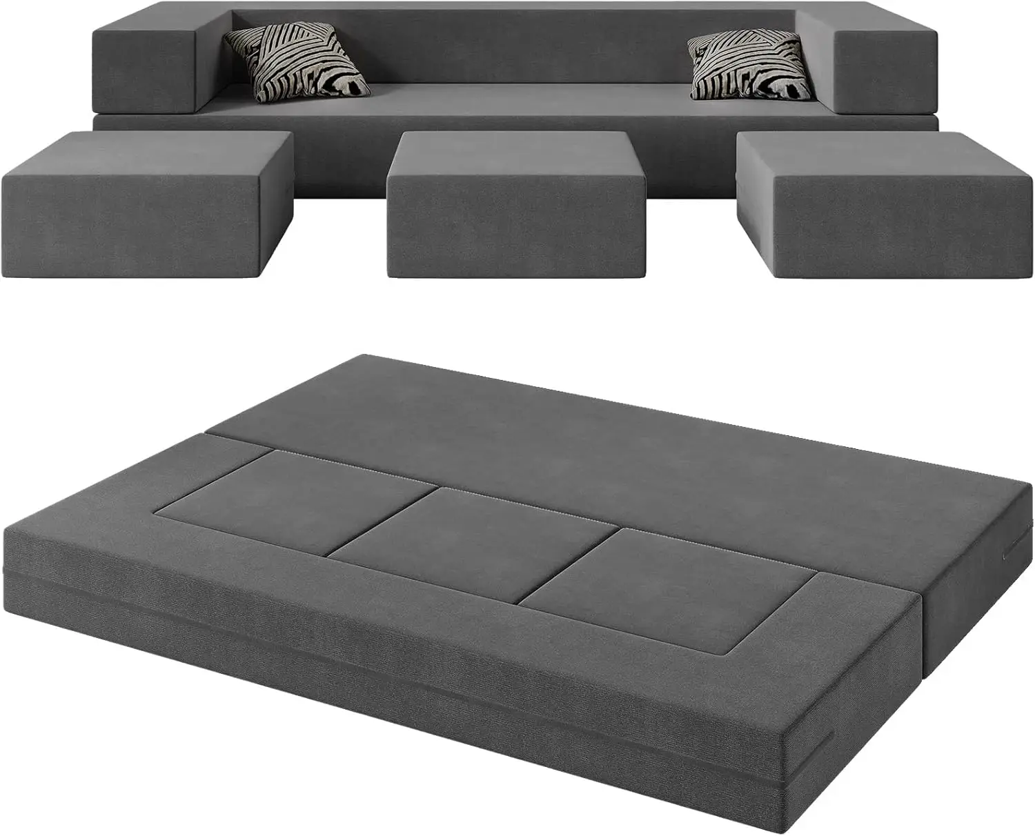 Floor Sofa Bed, Queen Velvet Folding Sofa Couch With 3 Ottomans, Sleeper Foam Couch With Removable Cover, Futon Convertible