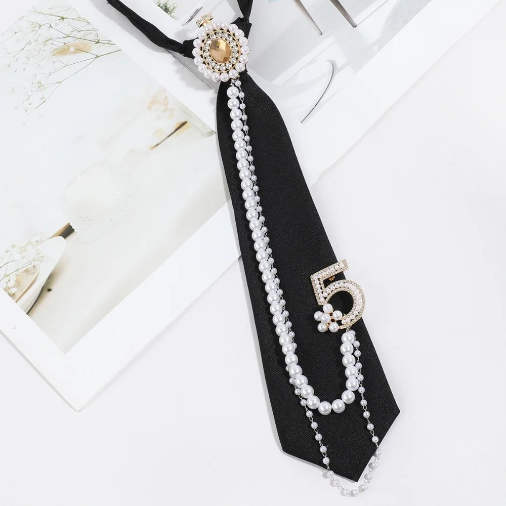 

Унисекс галстук-цепочка с жемчугом и стразами, черный, без завязок, аксессуар для рубашки, модный, для ленивых, бижутерия
