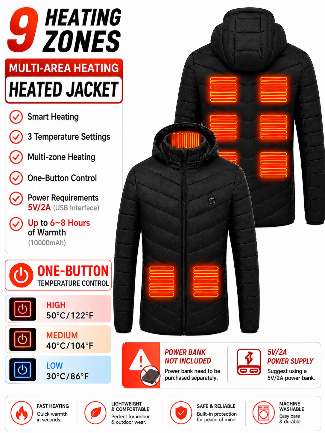 Men'S Heated Jacket with 3 Heat Settings, 9 Heating Zones, Hooded Winter Coat for Casual Outdoor Wear - Black, Polyester, Long Sleeve, Zip-Up, Four Control Buttons, Warmth for Autumn and Winter, Heated Jacket