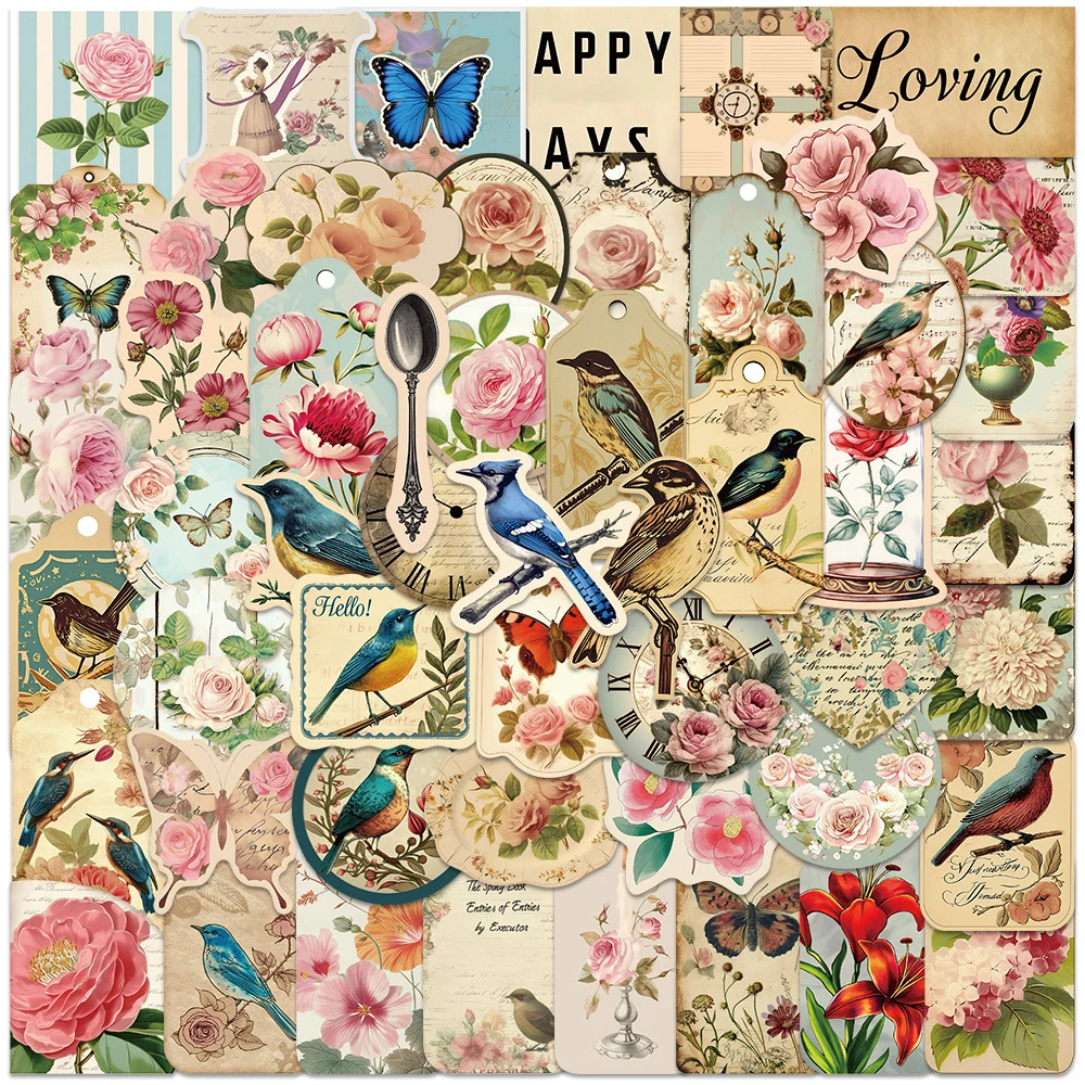 

10/30/50pcs Vintage Cartoon Flowers Sparrow Stickers Aesthetic Art Decals Water Bottle Phone Scrapbook Graffiti Sticker Packing