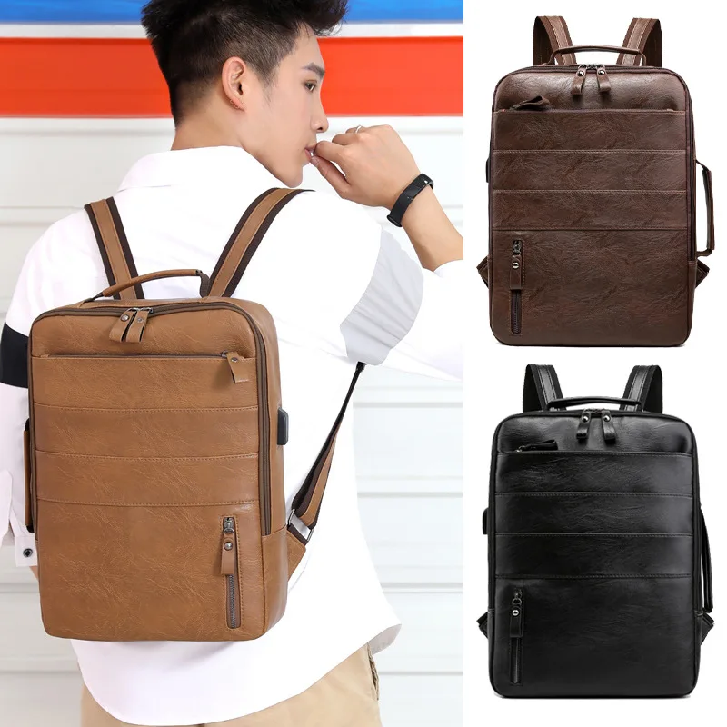 Stylish PU Backpack for Men, Waterproof Commuting Bag with 14-inch Laptop Compartment