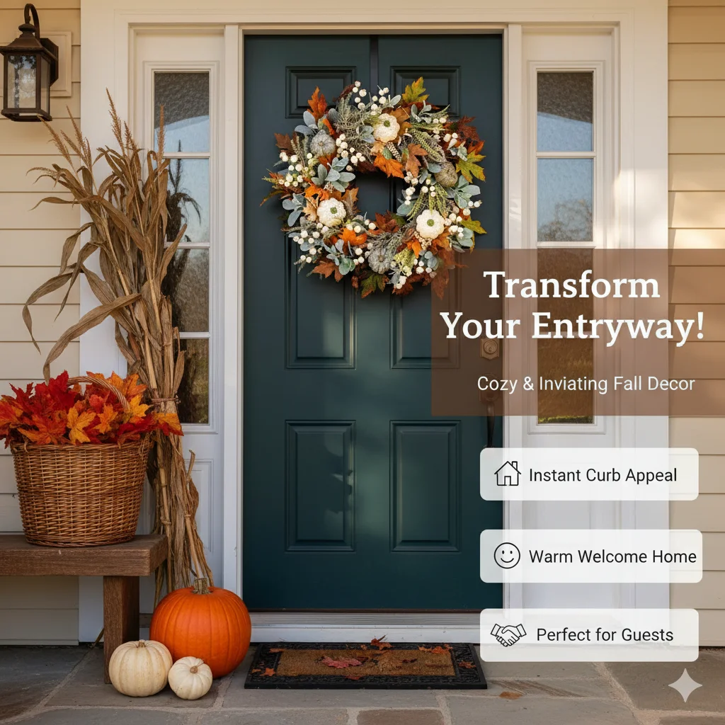 

Autumn Pumpkin Wreath With Berries And Maple Leaves, Fall Door Decor For Halloween, Harvest Season, Porch, Entryway Home Decor