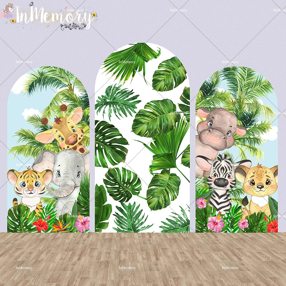 Green Leaves Cartoon Animasl Baby Shower Arch Backdrop Wall Decoration Safari Birthday Party Arched Chiara Background Cover