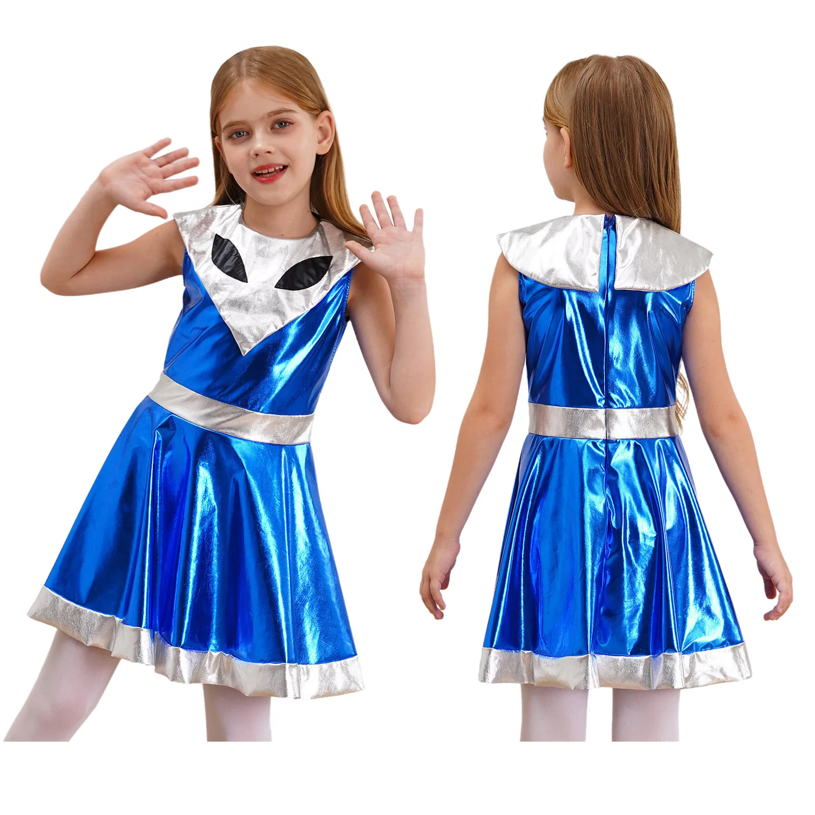 Kids Girls Halloween Outer Space Alien Cosplay Costume Sleeveless Contrast Color Metallic Shiny Dress for Theme Party Carnival