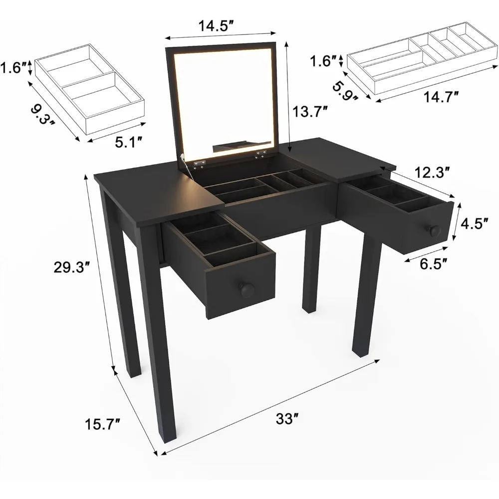 Escritorio de tocador de maquillaje iluminado ajustable con espejo abatible, iluminación de 3 modos, 2 cajones, 3 cajas de almacenamiento para dormitorio
