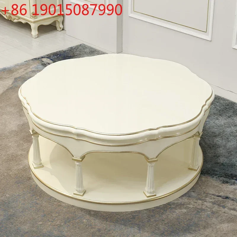 

Cy56 European luxury carved solid wood round coffee table French coffee table, ivory white gold villa living room furniture