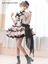 Daily Lolita Dress for Women Japanese Sweet Op Generate Color Ball Gown Dresses Cute Cross Lace Up Slim Fit Y2K Sexy Mini Dress