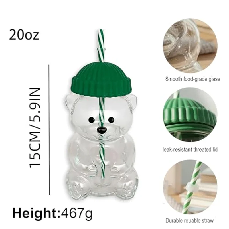 new cute teddy bear straw glass, 20 ounces reusable, suitable for iced coffee, milk tea, and cocktails, dishwasher washable
