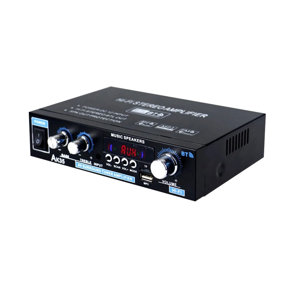 

AK35 Bluetooth-совместимый Hi-Fi стереофонический усилитель мощности звука с USB, TF, RCA, AUX входами + пульт дистанционного управления