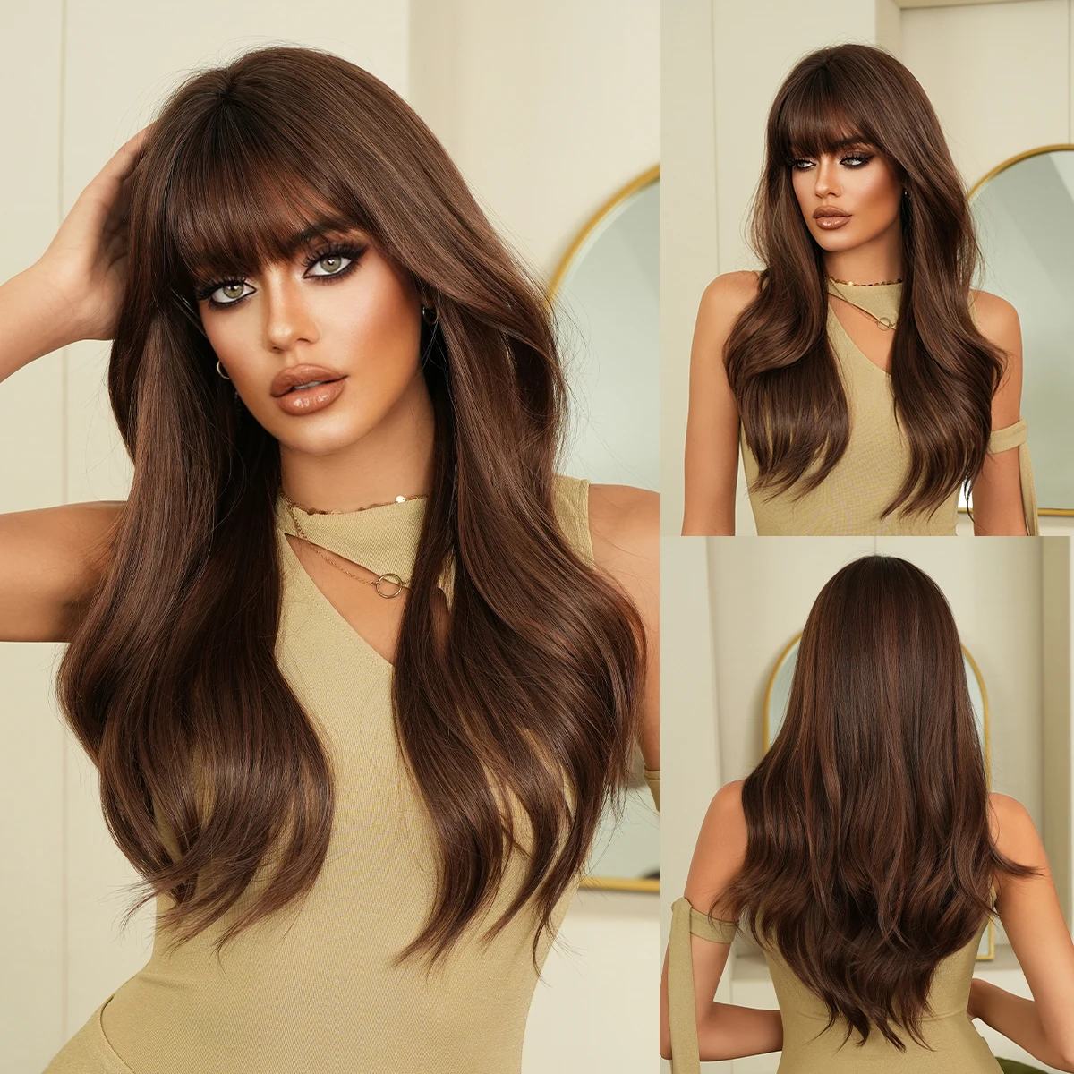 

NAMM Long Wave Brown Wigs For Women With Bangs Natural Looking Soft High Quality Synthetic Heat Resistant Fiber Wig Hair Wig