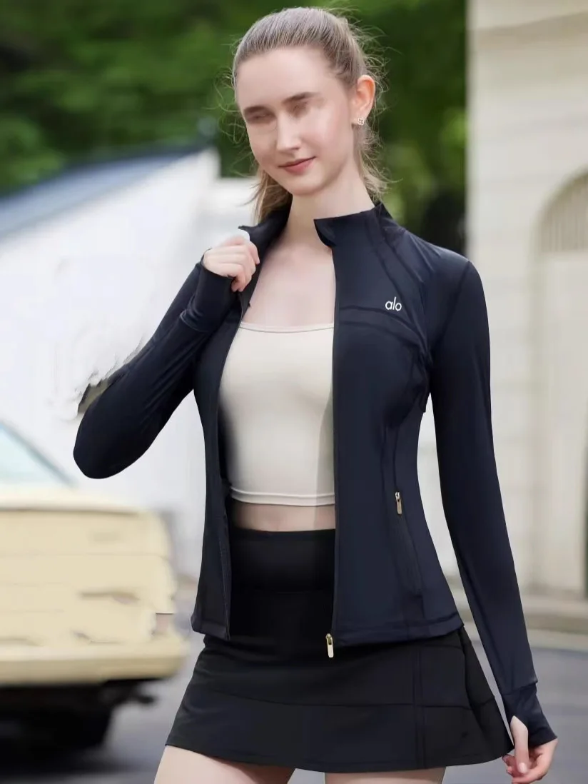 Alo Summer Vêtements de protection solaire pour sports de plein air pour femmes, coupe cintrée, respirant, sensation de fraîcheur, fermeture à glissière longue Sve C...