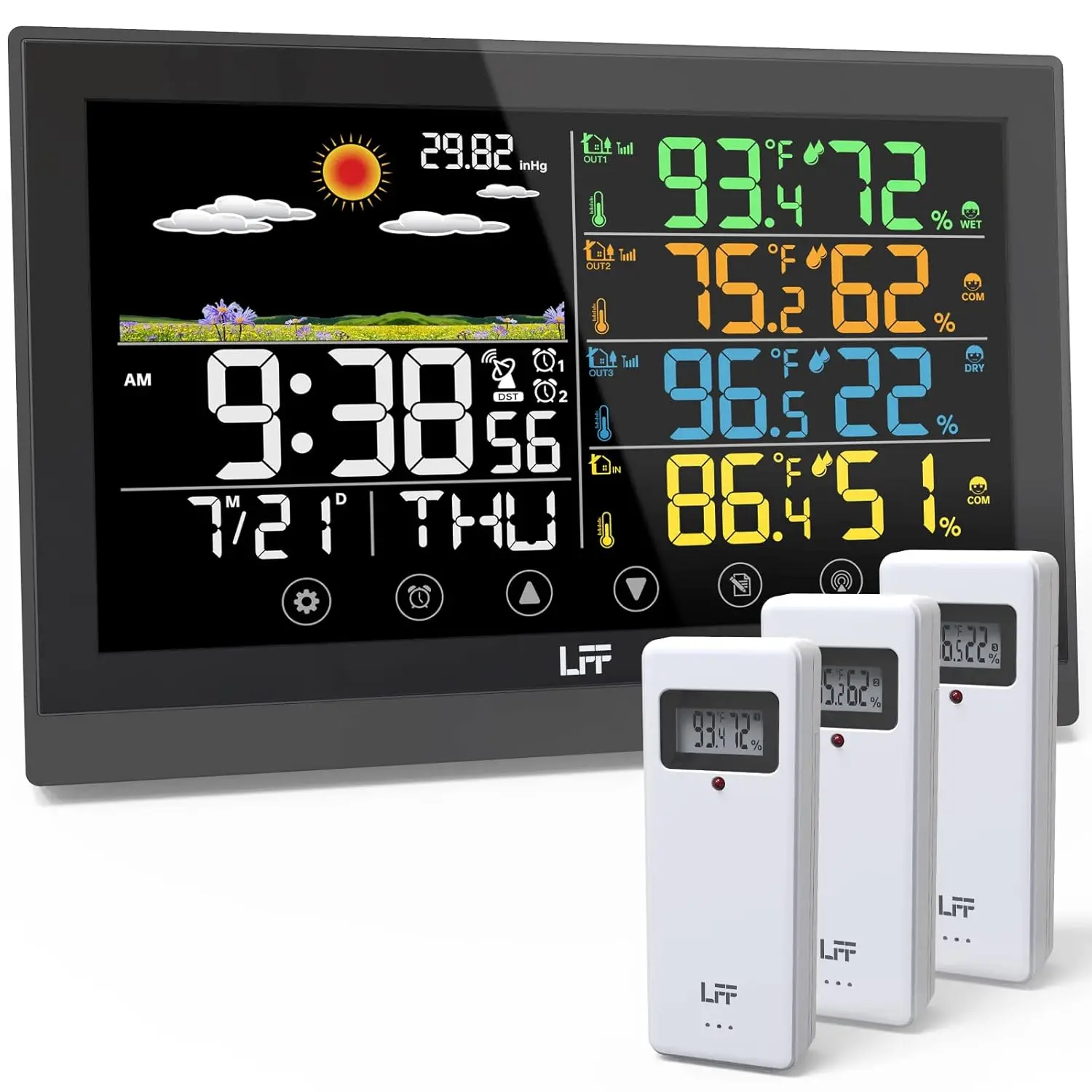 

Wireless Weather Station with 3 Sensors, Color Display, Atomic Clock & Forecast, Adjustable Backlight