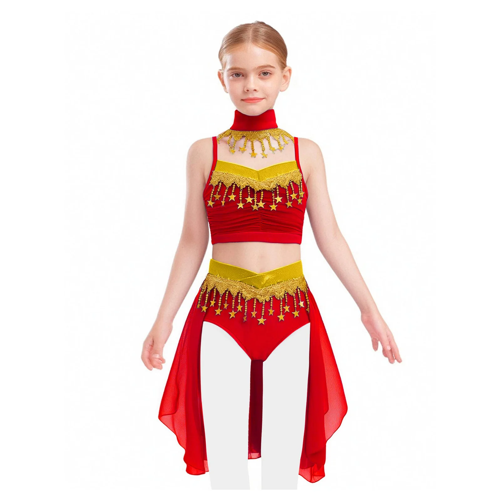 Crianças meninas brilhante estrela lantejoulas ventrewood oriental trajes de dança do ventre conjunto borlas indiano ruched colheita superior saia roupa de dança do ventre