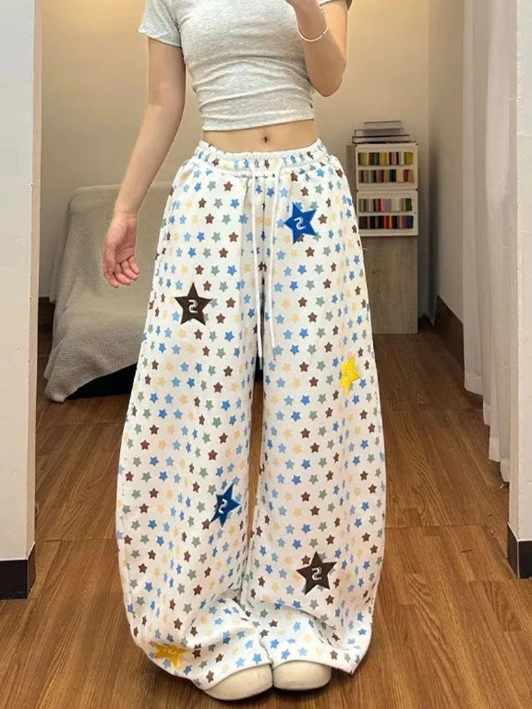 

Stars Print American Retro Pants Women Streetwear High Waist Loose Vintage Y2K Trousers Summer Casual Harajuku Bf Wide Leg Pants