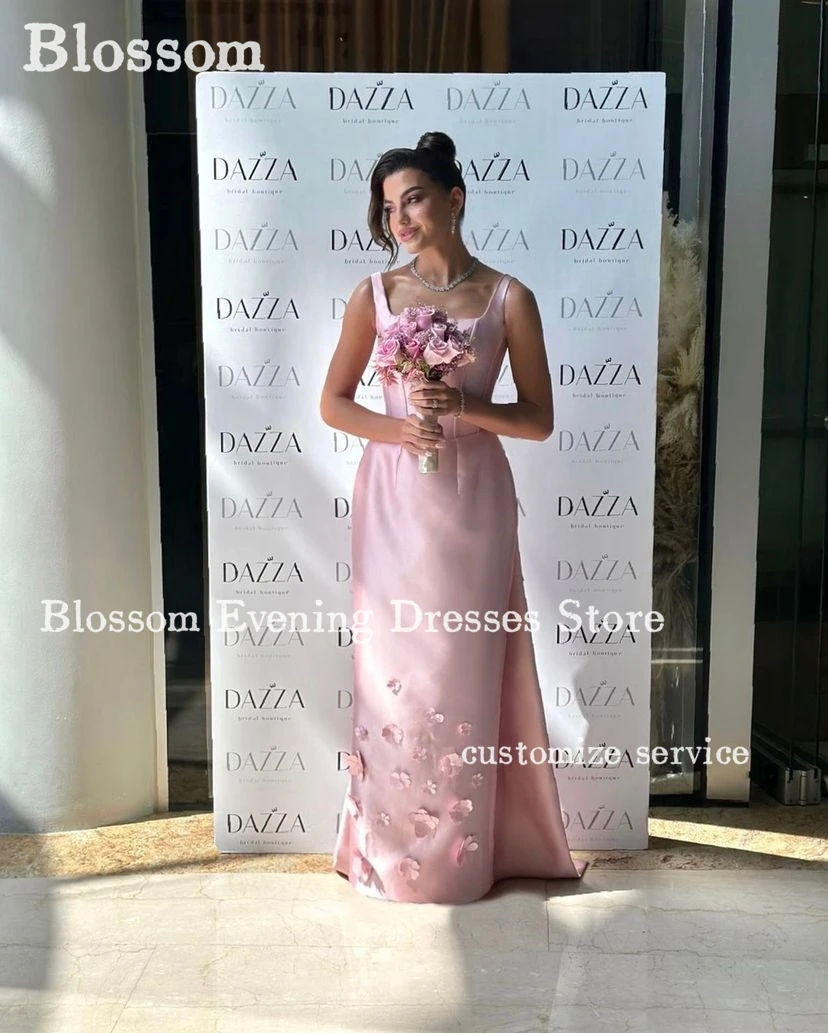 Square Neck Pink Satin Prom Dresses Sleeveless Long Tail With Appliques Evening Dresses 2024 Wedding Party Gown Vestidos De