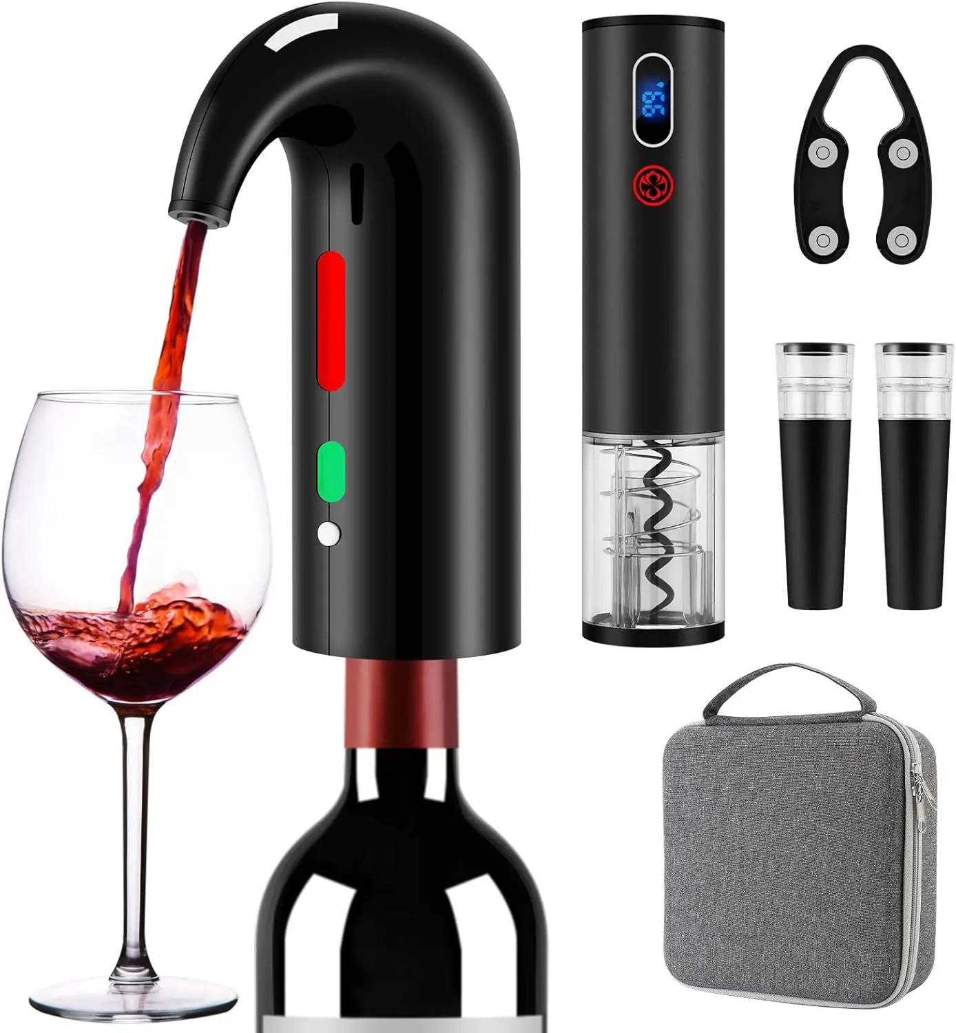

Electric Wine Opener Set with Aerator, Decanter, Pourer, Stopper, Foil Cutter & Storage Bag, Rechargeable, Automatic, Black