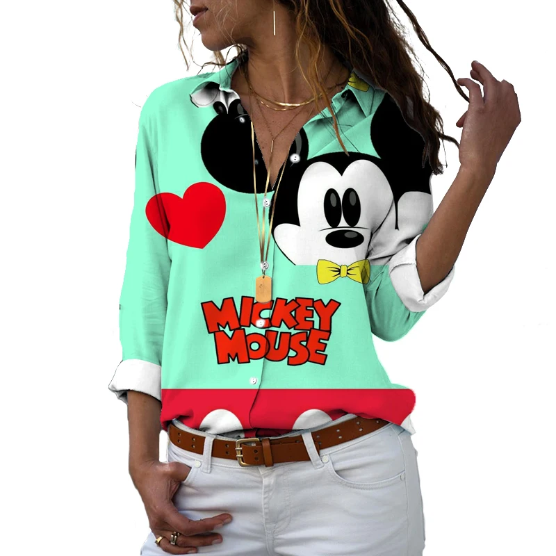 New 2024 Harajuku Slim Fit 3D Printed Women\'s Button Up Long Sleeve Lapel Mickey Minnie Casual Cute Shirt y2k