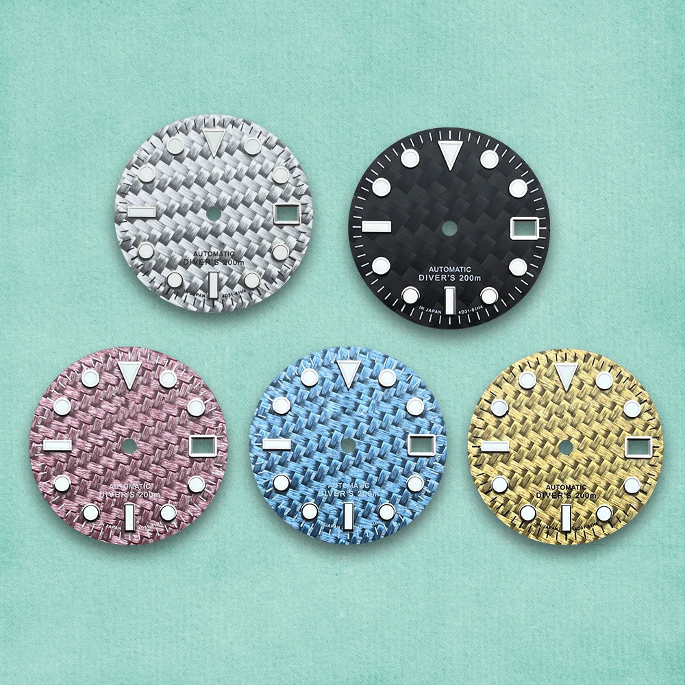 

28,5 мм S логотип циферблат из углеродного волокна подходит для NH35/NH36/4R/7S механизм зеленый светящийся дайвинг высококачественные аксессуары для модификации часов