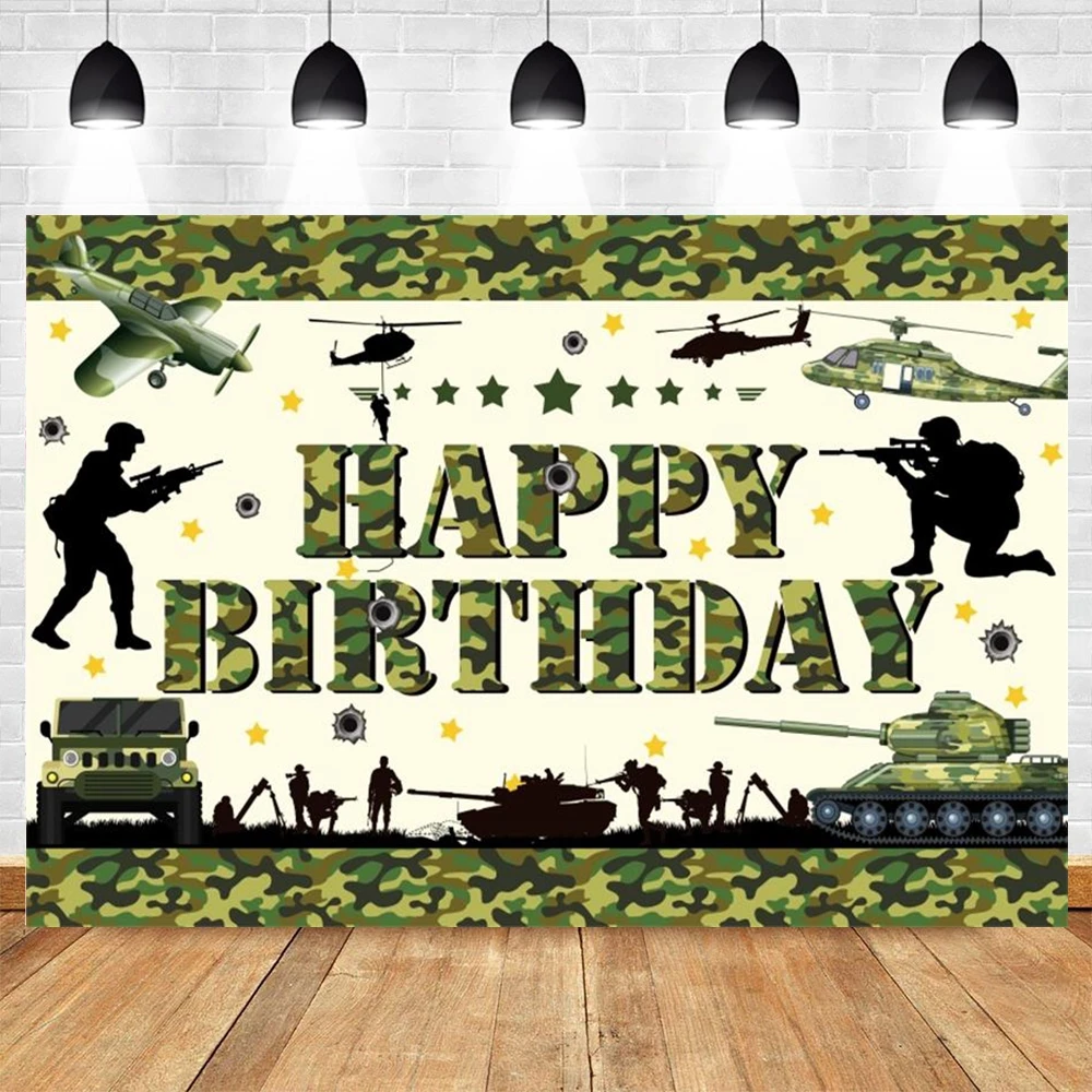 Happy Birthday Military Theme Backdrop Army Soldier Camouflage Airplane Tank Car Baby Birthday Portrait Photography Background