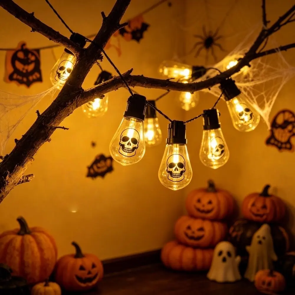1PC 10/20LED Solar Skull Led String Lights Papaya Bulbs With Patterns For Outdoor Parties Garden Holiday Decorations