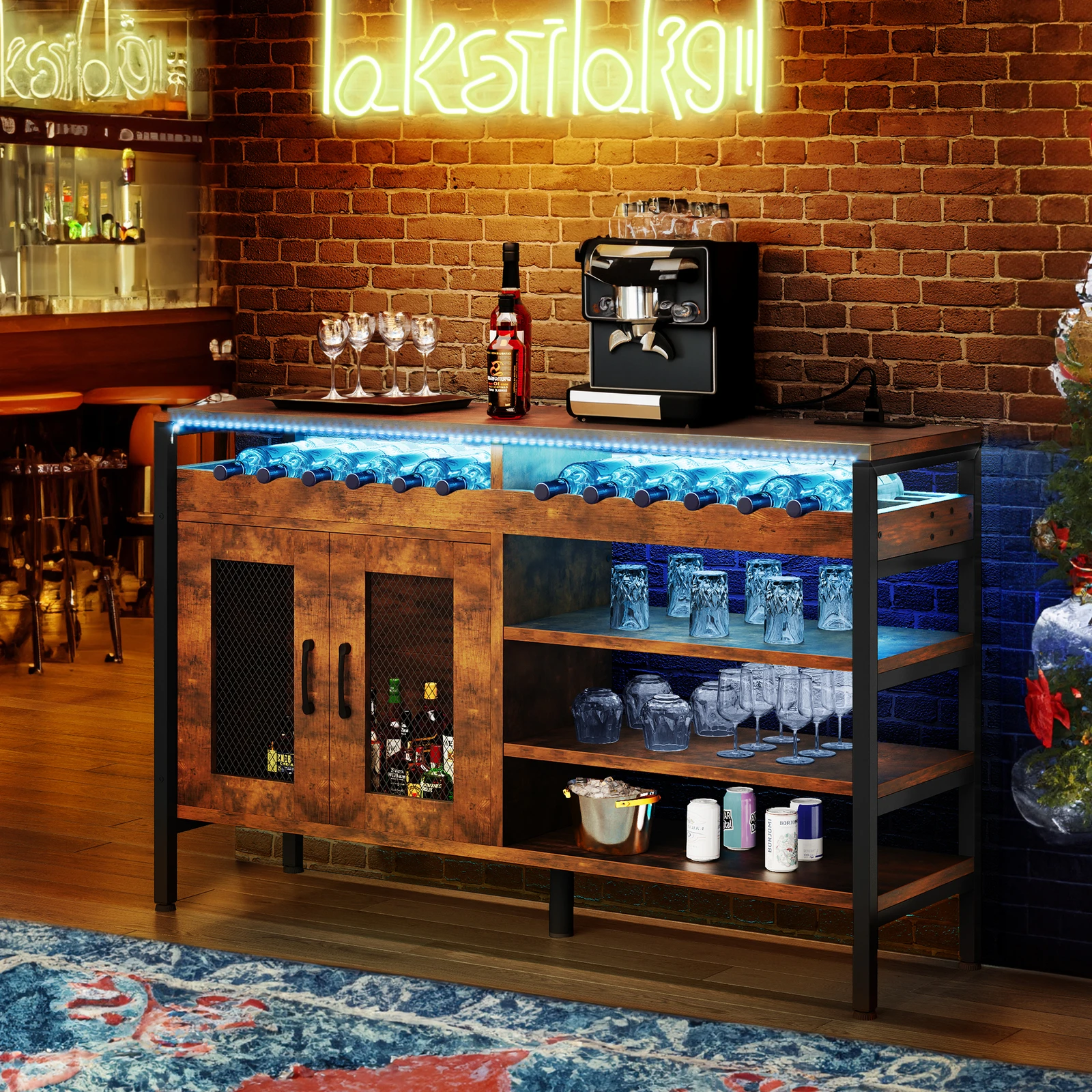 

55" Coffee Wine Bar Cabinet Liquor Storage Display Sideboard Buffet w/LED Lights