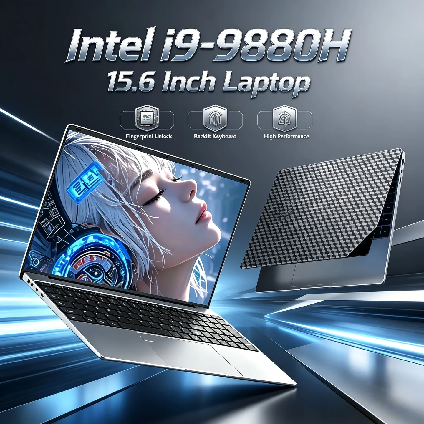 Intel Core i9‑9880H Ultra Slim 15.6 Inch Laptop 8C16T 2.3-4.8GHz Fingerprint Unlock Backlit Keyboard Notebook High Performance