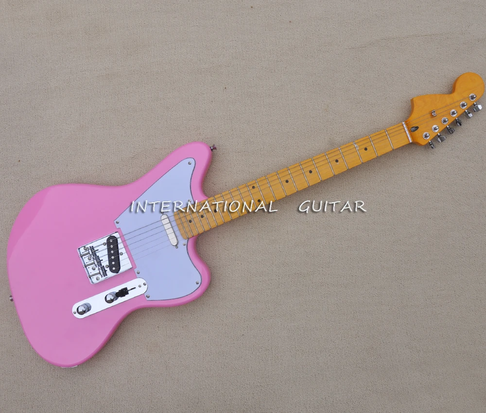 Pink 6 Strings Electric Guitar with Reverse Headstock,Yellow Maple Fretboard,Customizable