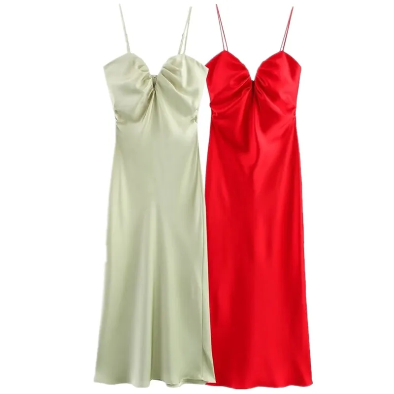 2025년 봄 여성용 실크 새틴 하트 칼라 미디 드레스 우아한 스트랩리스 가운 스타일리시 트렌디 패션 원피스 봄 여름