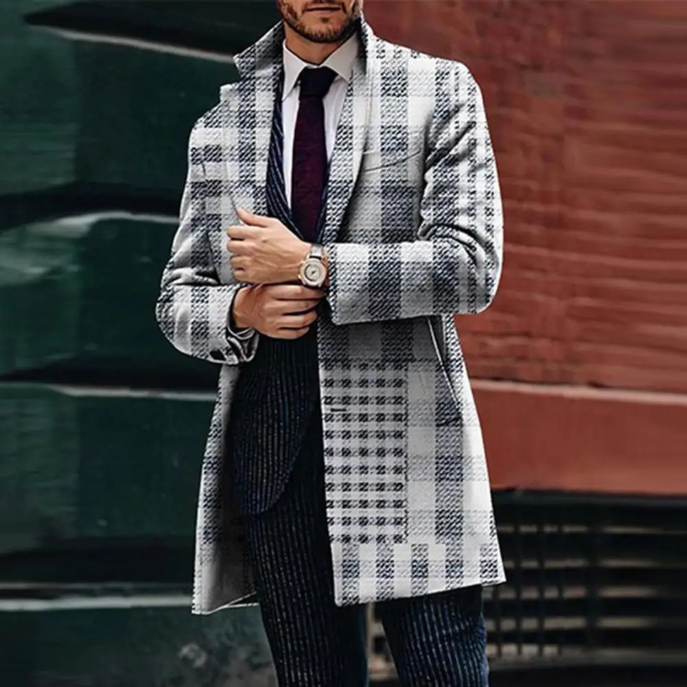 

Men Coat Men Geometric Pattern Coat Plaid Print Lapel Trench Coat for Men Stylish Long Sleeve Cardigan with Pockets for Fall