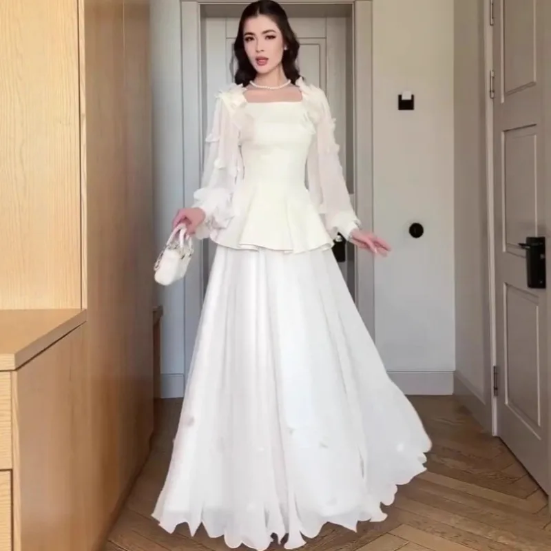 

Новое элегантное и красивое платье с длинными рукавами в стиле ретро с цветочной элегантностью и роскошным банкетным вечерним платьем с квадратным воротником