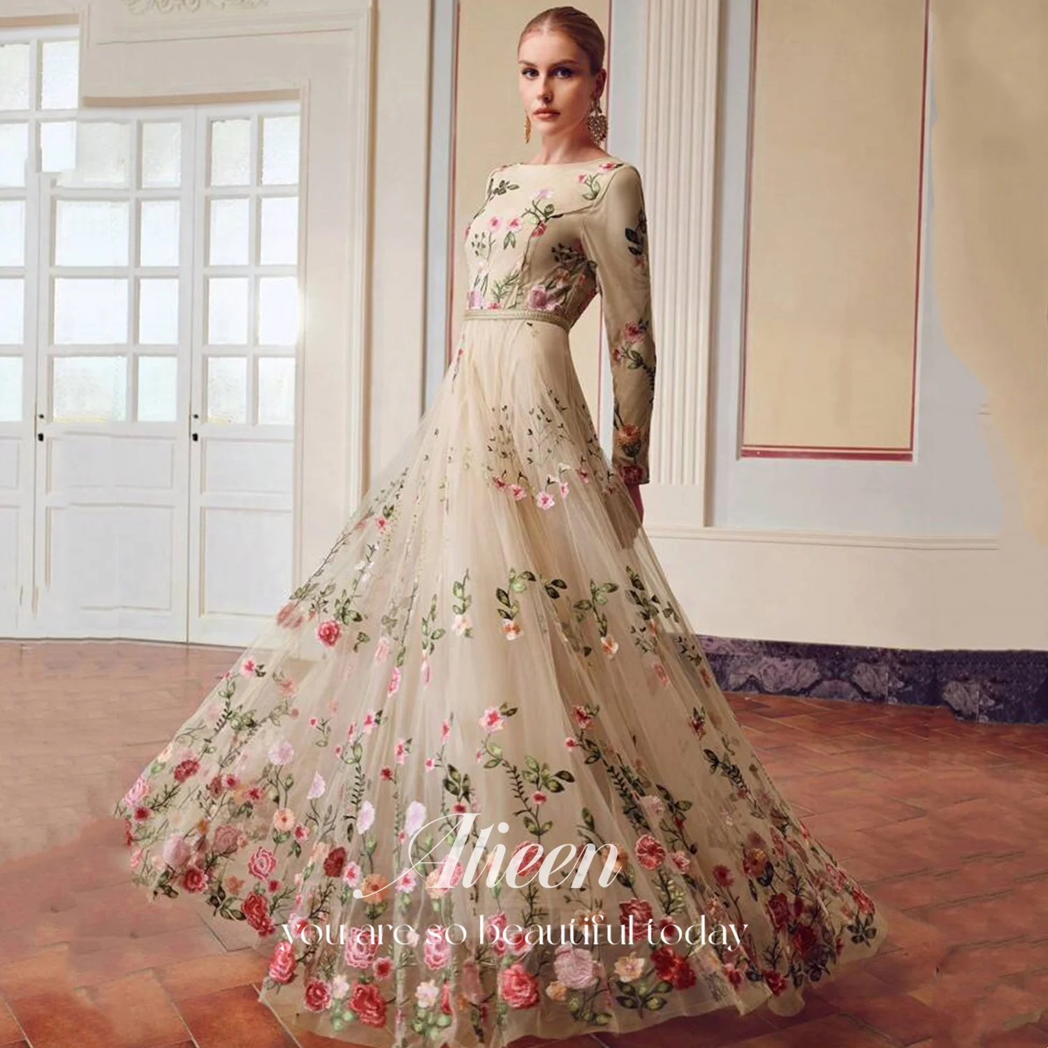 

Aileen Champagne Party Dresses Customized Guest Wedding Evening Dresses 2025 Luxury فساتين سهرة Flowers Long Sleeves Embroidery