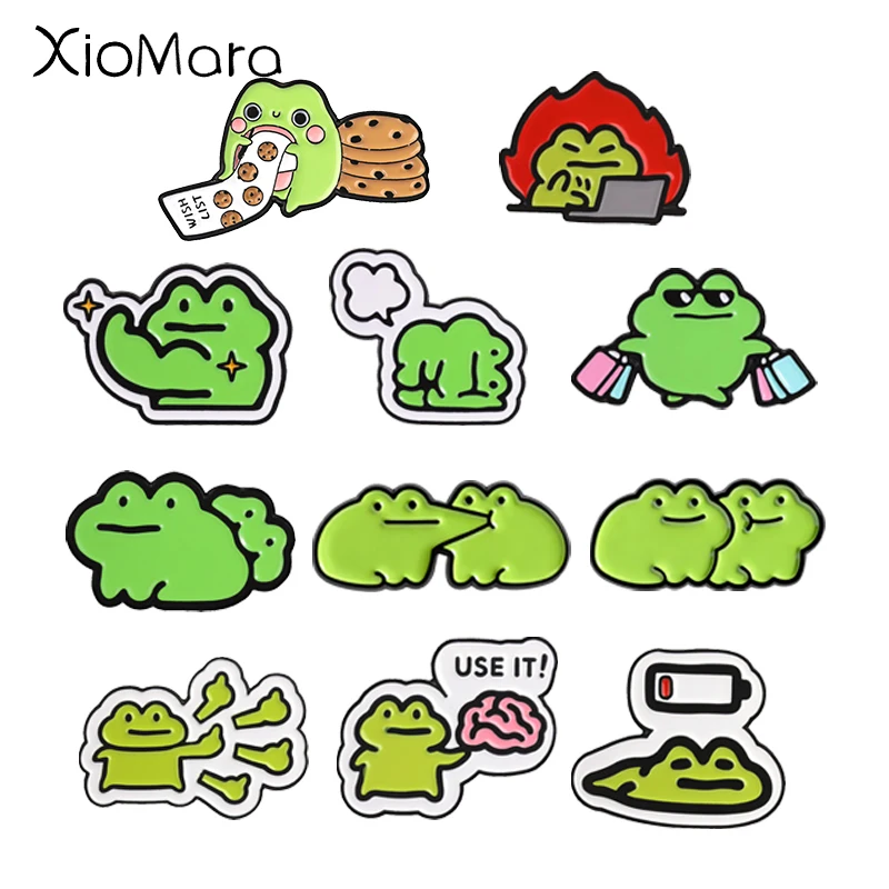 Funny Frog Enamel Pins Low Battery Burnout Frog Use Your Brain Animal Brooches Wish List Cookie Hungry Frog Badge Jewelry Gifts