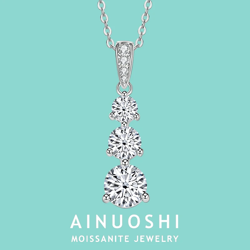 

AINUOSHI 925 Sterling Silver Pendant Necklace 6.5mm&5mm&4mm Three Stone Moissanite Necklaces For Women Lovers' Wedding Jewelry