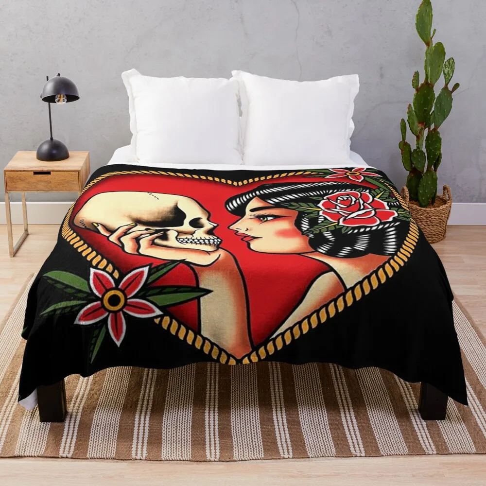 

Traditional Beautiful Flapper in Heart Holding Skull Tattoo Throw Blanket Camping Blanket Shaggy Blanket