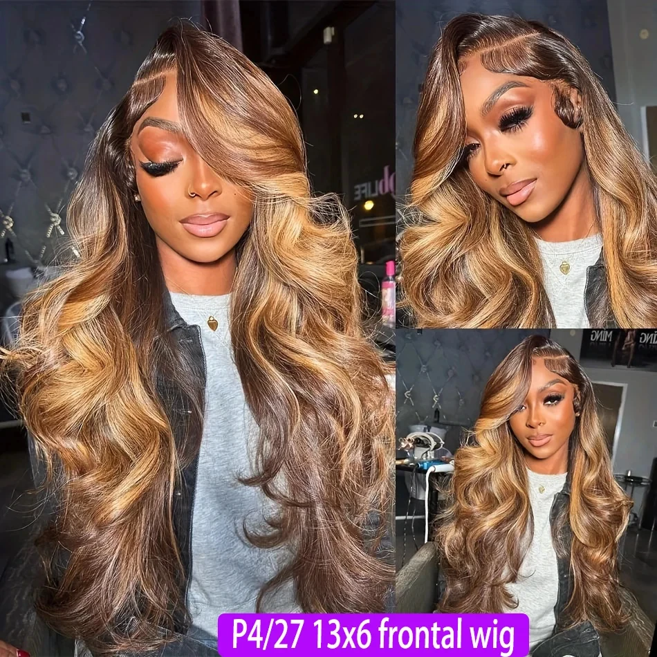 30 Inch Honey Blonde Ombre Lace Front Wig Human Hair 13x4 HD Lace Front Wig 4/27 Highlight Ombre Body Wave Lace Frontal Glueless image 4