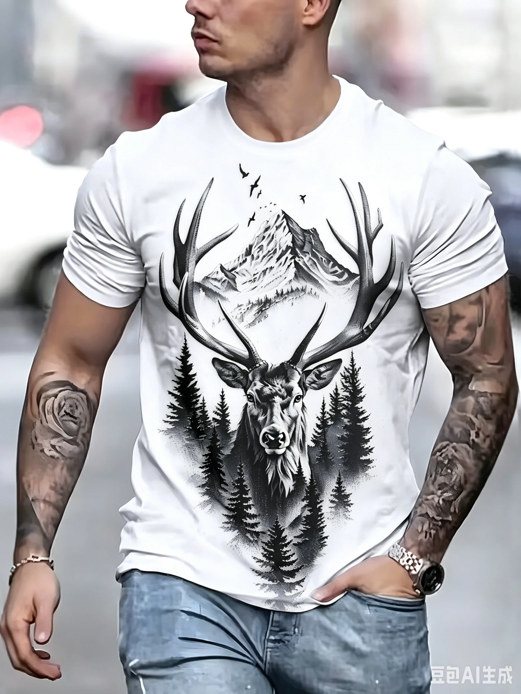 New Fashion Mountain Deer Forest Print Short Sleeve T-Shirt, Retro Nature Casual Outdoor Short Sleeve Top