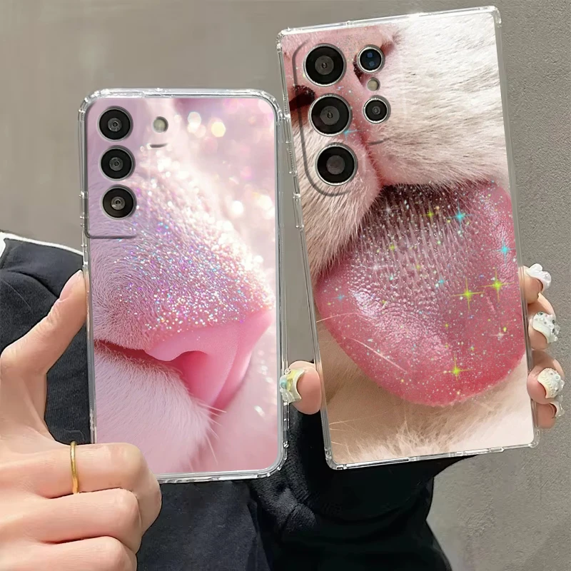 Cat's Nose And Tongue Transparent Cover for Samsung Galaxy S26 S25 S24 S23 S22 S21 S20 FE Ultra S25Edge Plus 5G Phone Case Capas