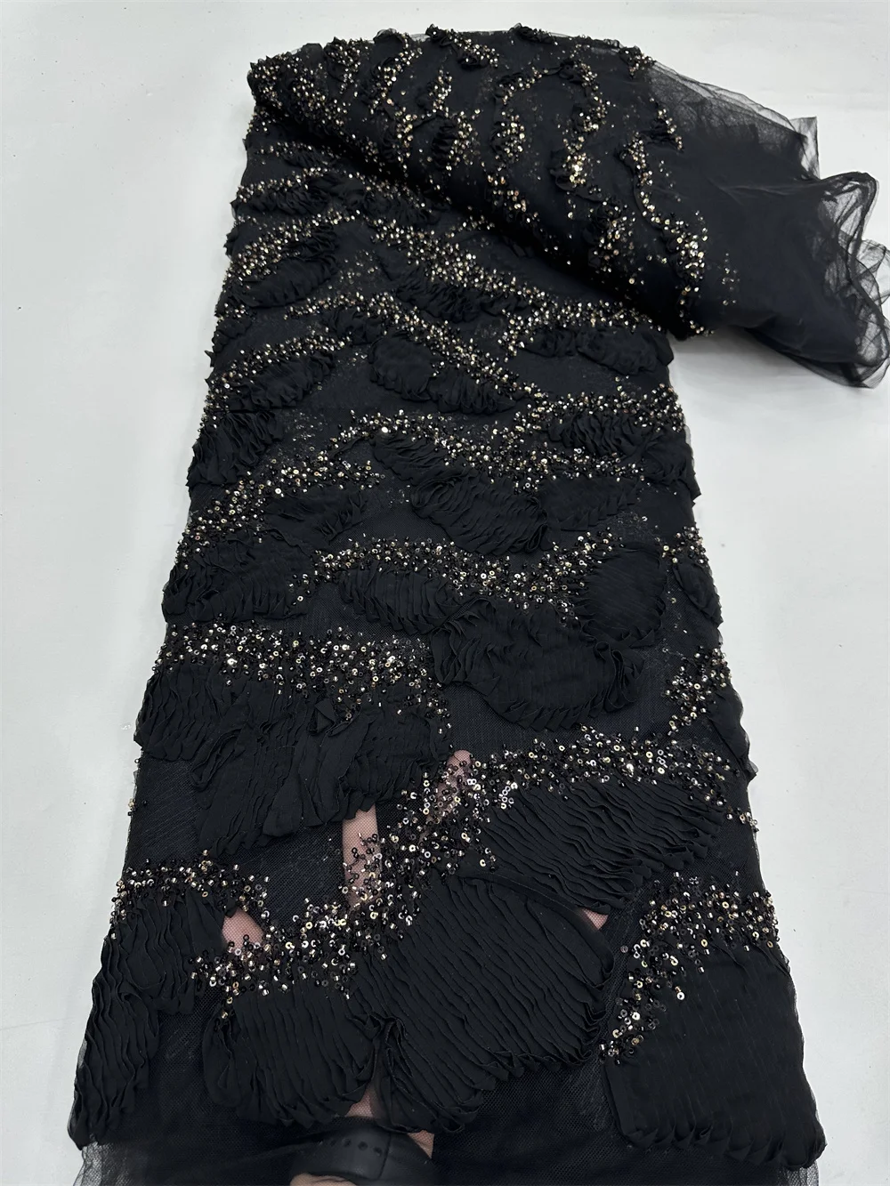 

2025 Latest Hot Sale Fashion African Lace Fabric High Quality Black Embroidery Lace With Beads Sequins Party For Wedding Dress