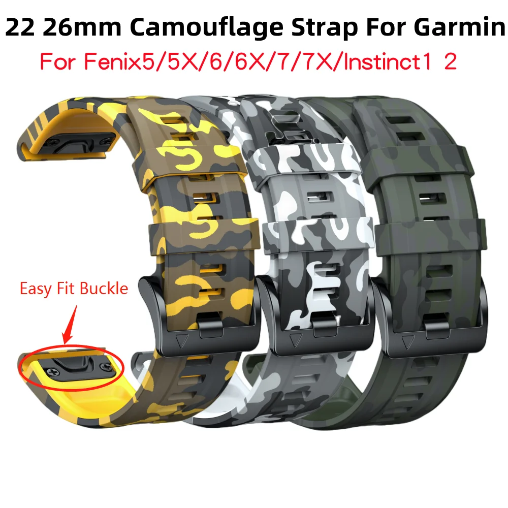 

22 26mm Silicone Easy Fit Camouflage Wristband Strap For Garmin Fenix5 5X 5XPlus 6 6X 6XPro 7 7X Watch Band Instinct Bracelet