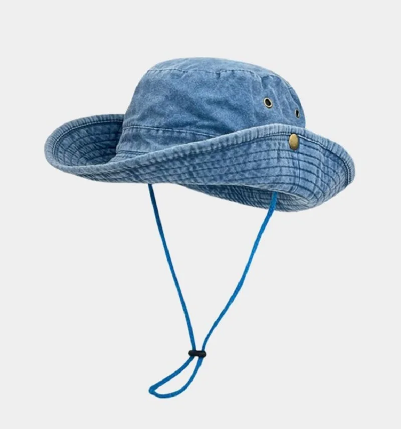 

2024 Summer Cowboy Bucket Hat For Men Fisherman Cap Fishing Outdoor Denim Beach Sun Hat with String Riding Hiking Panama Sunhat