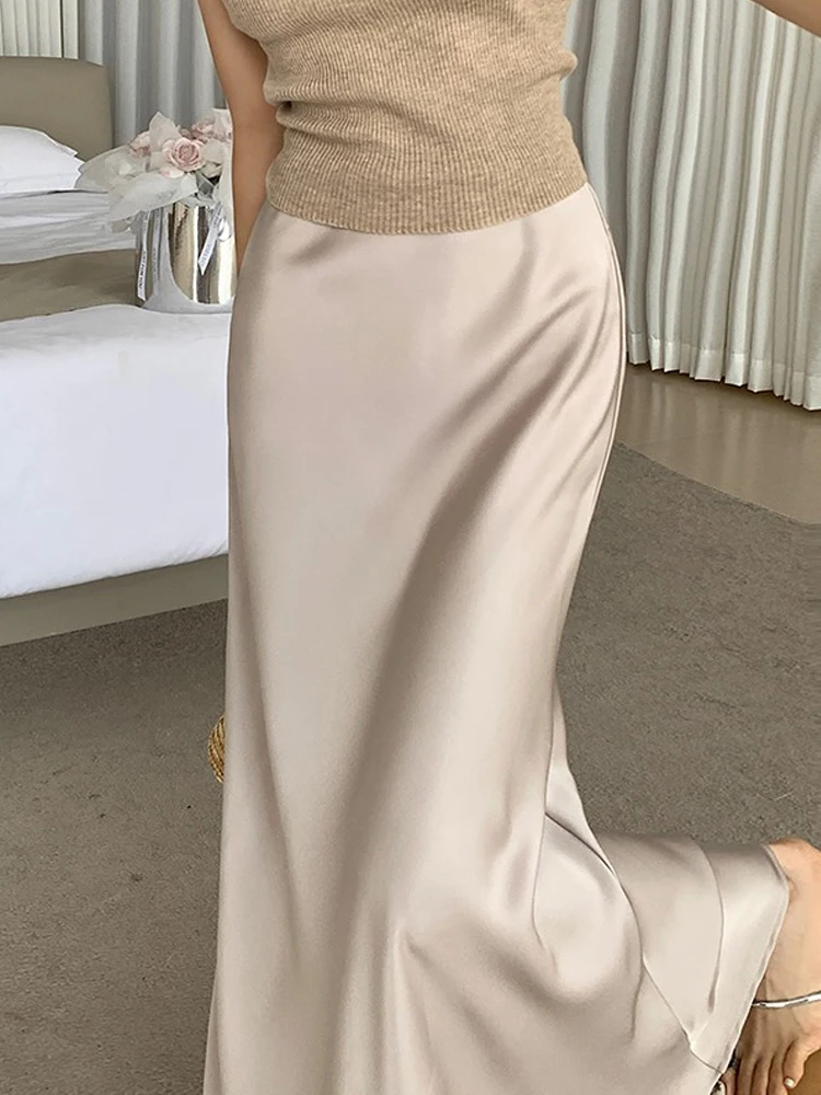 

Юбка Женская атласная с завышенной талией, модная винтажная элегантная офисная длинная юбка-годе в Корейском стиле, с запахом, лето-осень