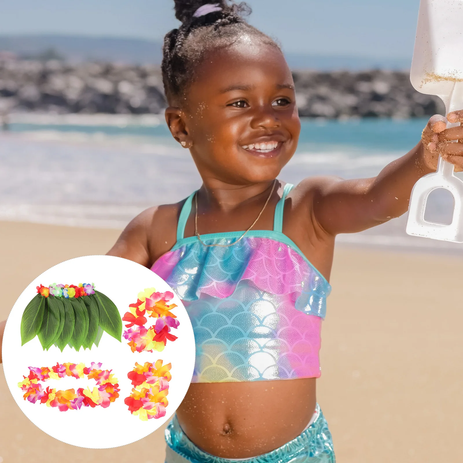 5 個のトロピカルテーマパーティーコスチュームリーフスカート、フラワーガーランドリストバンドヘアオーナメント付き、ハワイのルアウのお祝い用、子供、大人用