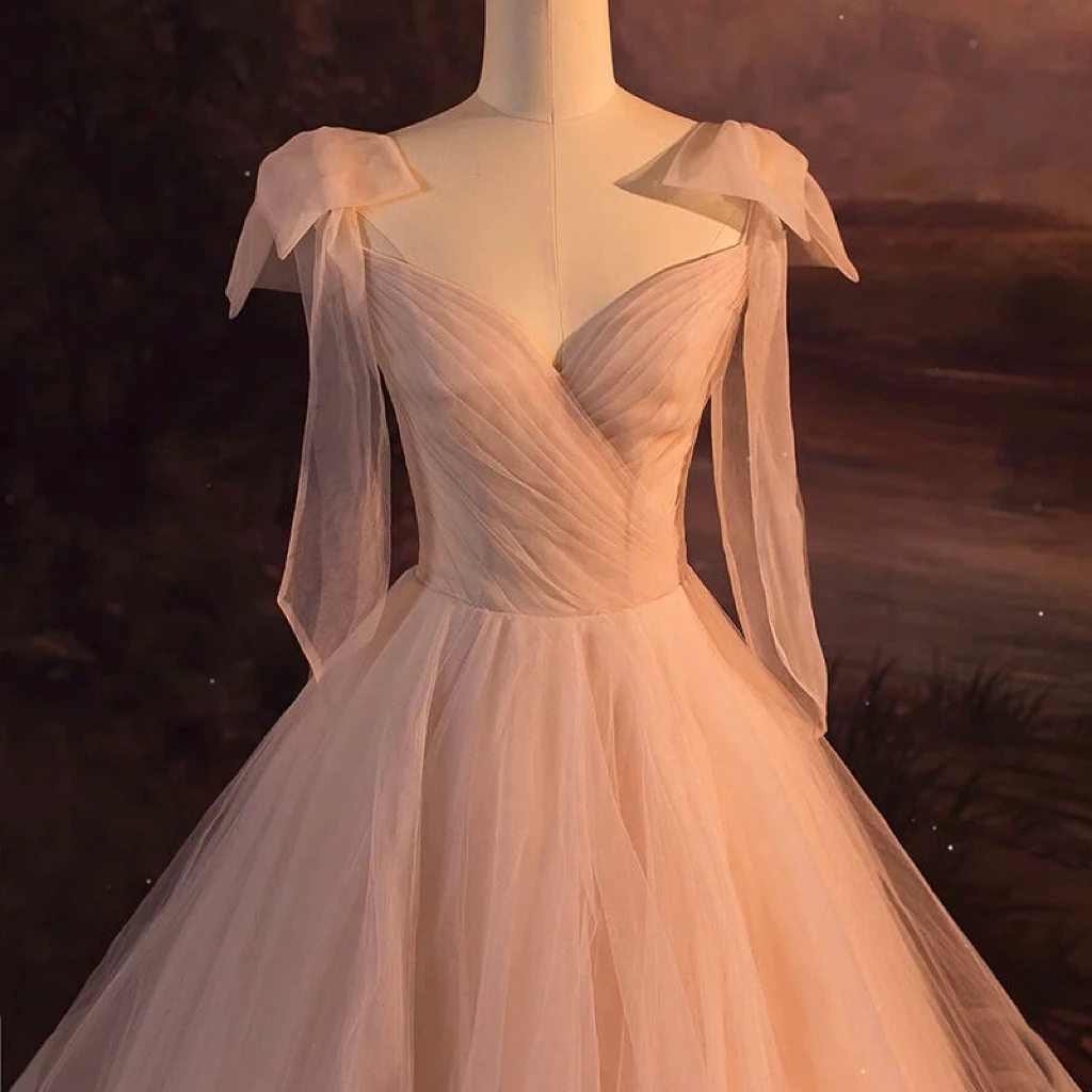 Robe de Bal de Luxe Rose Nude avec Ruban, Col en V, à Volants, en Fibre Plissée, Ligne A, lèvent en Tulle, ixde Mariage, Célébrité, Quelle que soit la Nouvelle