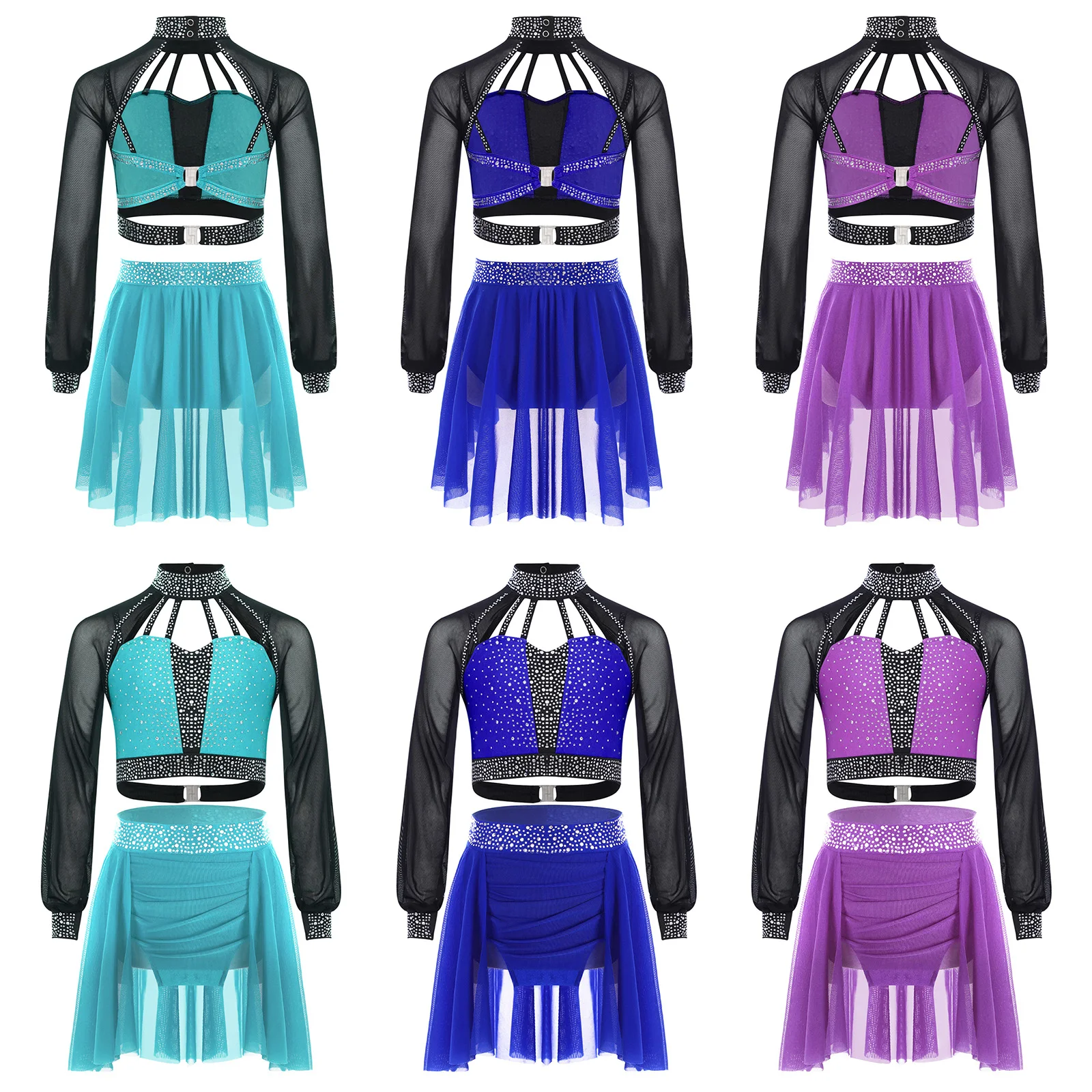 ชุดเต้นรำสำหรับเด็กผู้หญิง ชุดยิมนาสติกลีลา ชุดสเก็ตลีลา ชุดบัลเลต์ ประดับคริสตัล เสื้อครอป+กระโปรง ชุดเต้นรำสไตล์โมเดิร์นสำหรับวัยรุ่น