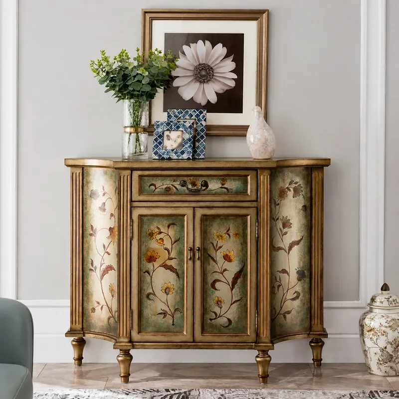 Champagne American Country Entrance Cabinet Retro Painted Aisle Solid Wood Edge Decorative Partition Storage Furniture for